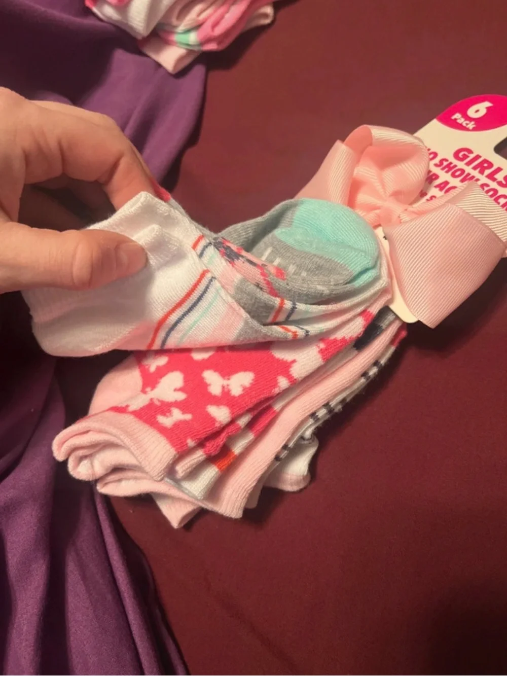Girls No Show Socks & Hair Bow Set - Pink, Coral, Gray